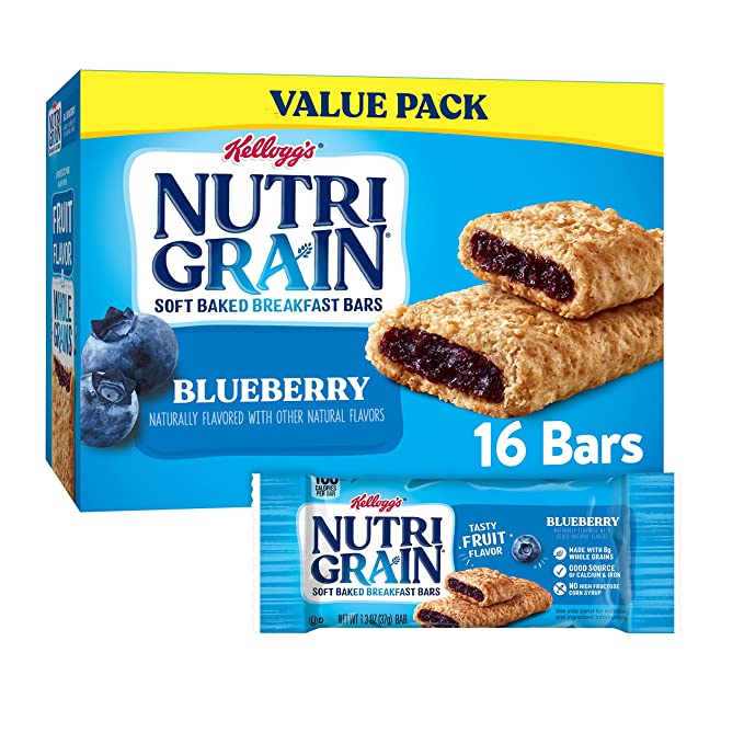  Nutri-Grain Soft Baked Breakfast Bars, Made with Whole Grains, Kids Snacks, Value Pack, Blueberry, 20.8oz Box (16 Bars) - 038000113376