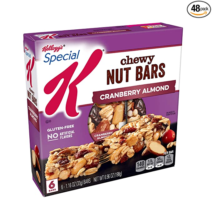 Kellogg's Special K Chewy Breakfast Bars, Gluten-Free Snacks, 140 Calories Per Bar, Cranberry Almond (8 Boxes, 48 Bars) - 038000167669