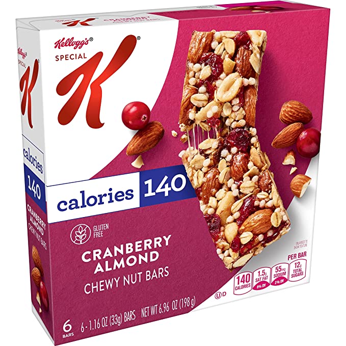  Kellogg's Special K Chewy Breakfast Bars, Gluten-Free Snacks, 140 Calories Per Bar, Cranberry Almond, 6.96oz Box (6 Bars) - 038000167676