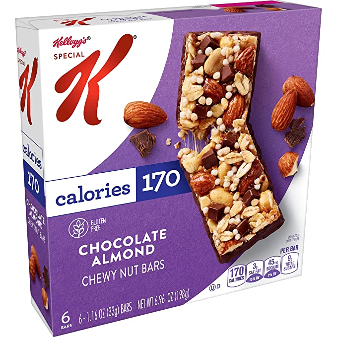 Kellogg's Special K Chewy Breakfast Bars, Gluten-Free Snacks, 170 Calories Per Bar, Chocolate Almond, 6.96oz Box (6 Bars) - 038000167690