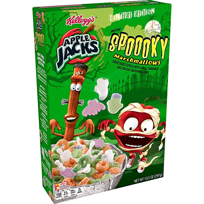  Kellogg's Apple Jacks Breakfast Cereal, 7 Vitamins and Minerals, Kids Halloween Snacks, Original with Spooky Marshmallows, 10.5oz Box - 038000198557