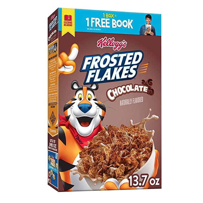  Kellogg's Frosted Flakes Breakfast Cereal, 8 Vitamins and Minerals, Kids Snacks, Chocolate, 13.7oz Box (1 Box) - 038000199080