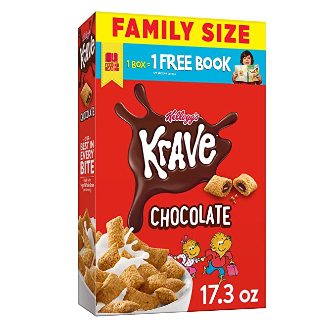  Kellogg's Krave Breakfast Cereal, 7 Vitamins and Minerals, Kids Snacks, Family Size, Chocolate, 17.3oz Box (1 Box) - 038000199264