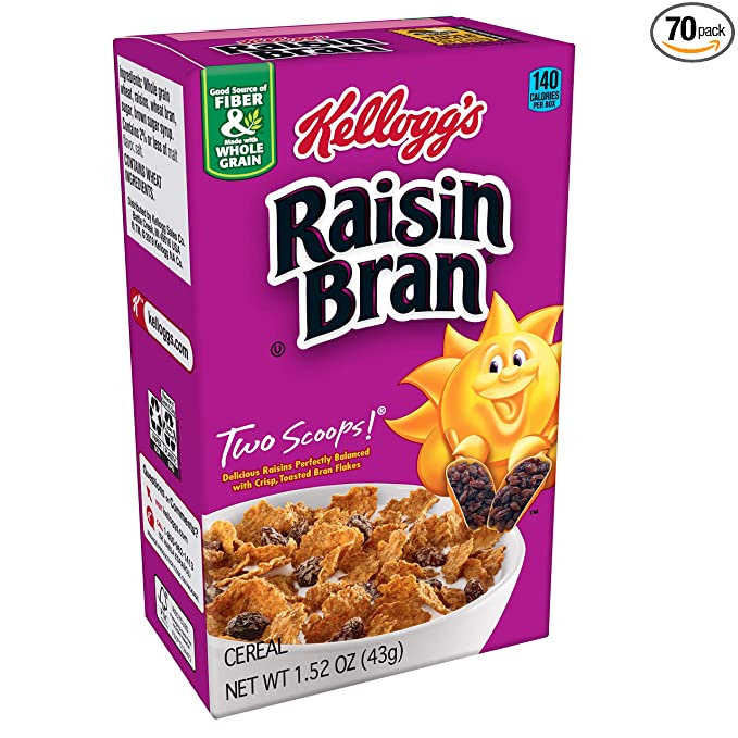  Kellogg's Raisin Bran, Breakfast Cereal, Original, Excellent Source of Fiber, Single Serve, 1.52 oz Box(Pack of 70) - 038000219436