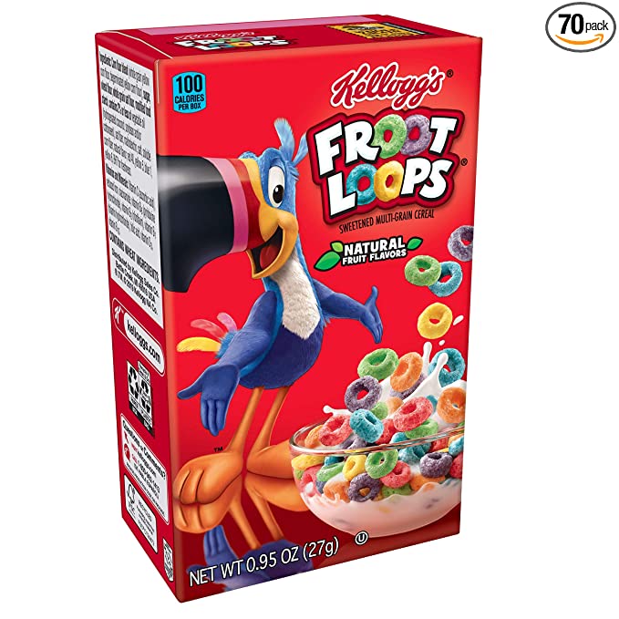  Kellogg’s Froot Loops, Breakfast Cereal, Original, Good Source of Fiber, Single Serve, 0.95 oz Box(Pack of 70) - 038000219740