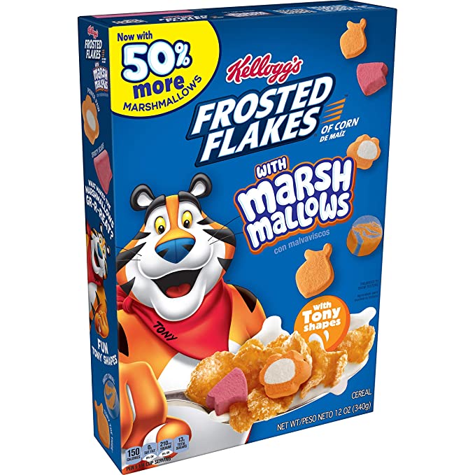 Kellogg's Frosted Flakes Breakfast Cereal, 7 Vitamins and Minerals, Kids Snacks, Original with Marshmallows, 12oz Box (1 Box) - 038000234354