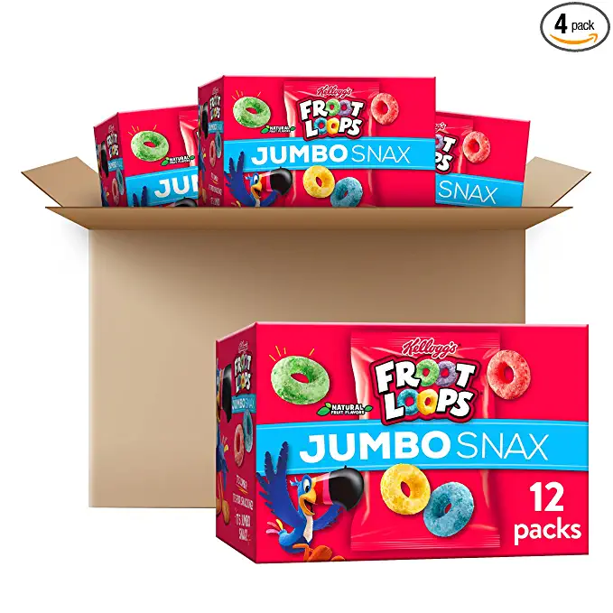  Kellogg's Froot Loops Jumbo Snax Cereal Snacks, Kids Snacks, Fruit Flavored, Original (4 Boxes, 48 Pouches) - 038000234583