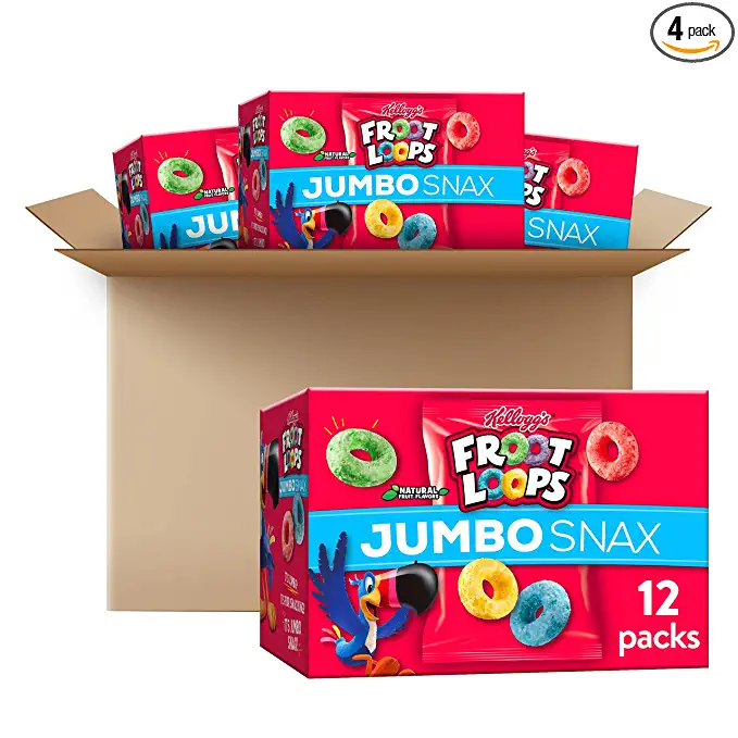 Kellogg's Froot Loops Jumbo Snax Cereal Snacks, Kids Snacks, Fruit Flavored, Original (4 Boxes, 48 Pouches) - 038000234583