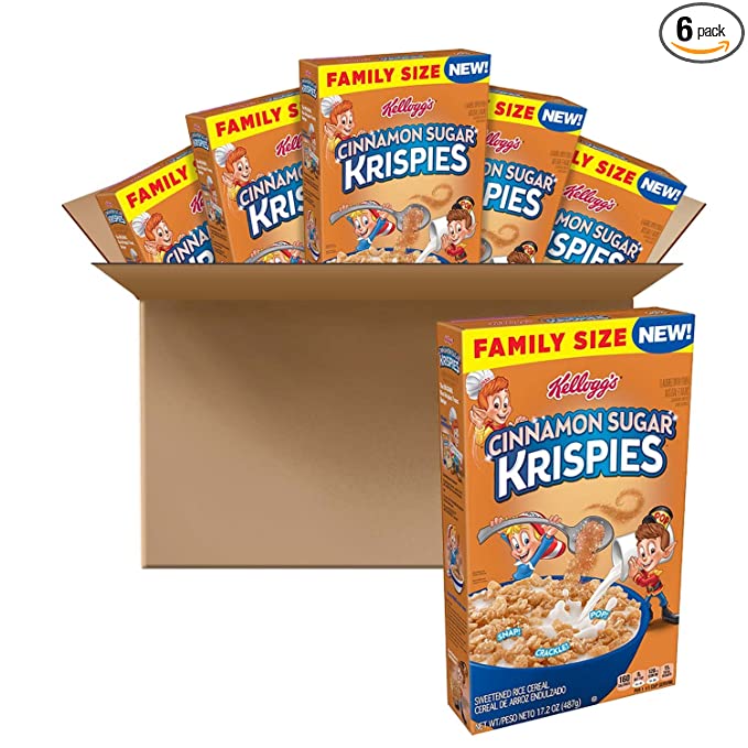 Kellogg's Cinnamon Sugar Krispies Cold Breakfast Cereal, Kids Snacks, Baking Marshmallow Treats, Family Size, Original (6 Boxes) - 038000266959