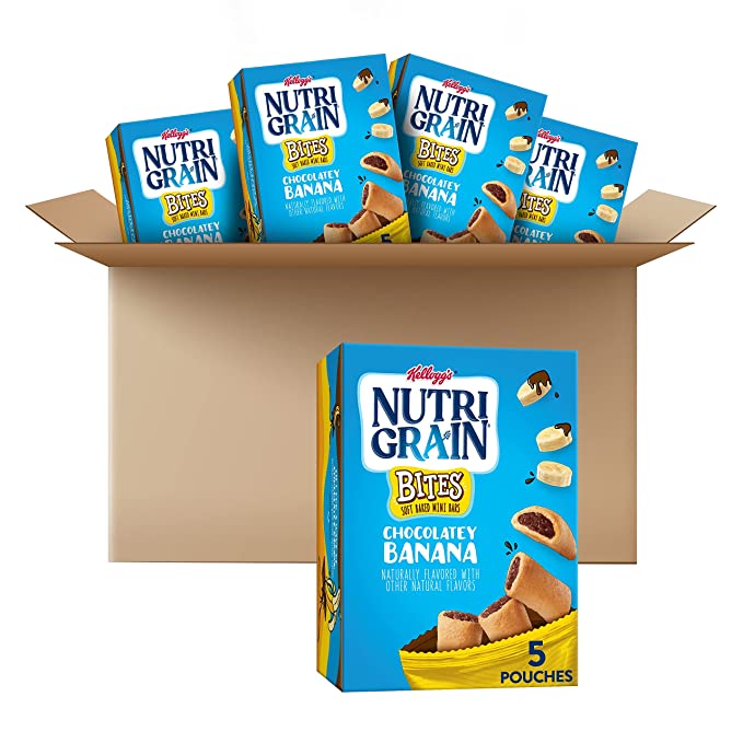 Nutri-Grain Bites Mini Breakfast Bars, Made with Whole Grains, Kids Snacks, Chocolatey Banana (5 Boxes, 25 Pouches) - 038000268762