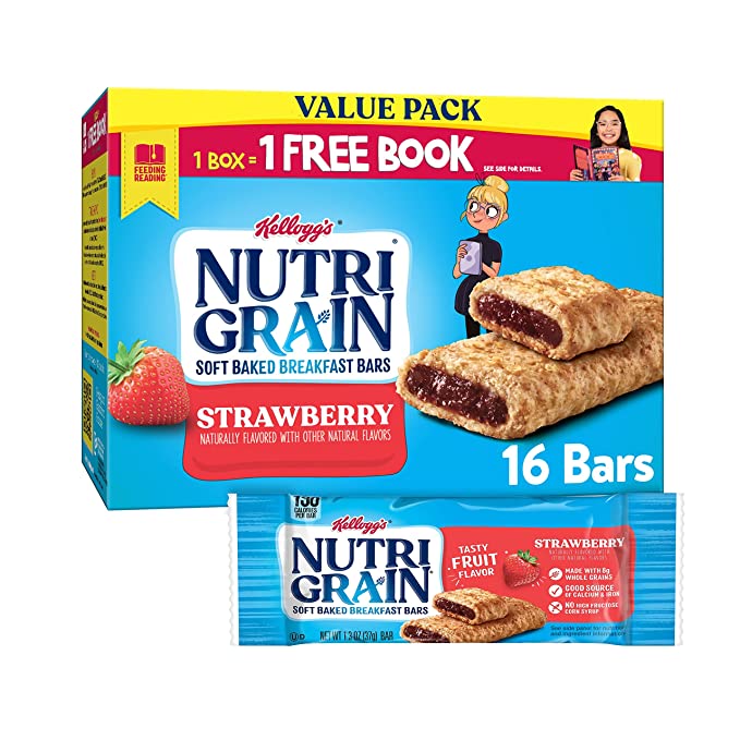 Nutri-Grain Soft Baked Breakfast Bars, Made with Whole Grains, Kids Snacks, Value Pack, Strawberry, 20.8oz Box (16 Bars) - 038000350047