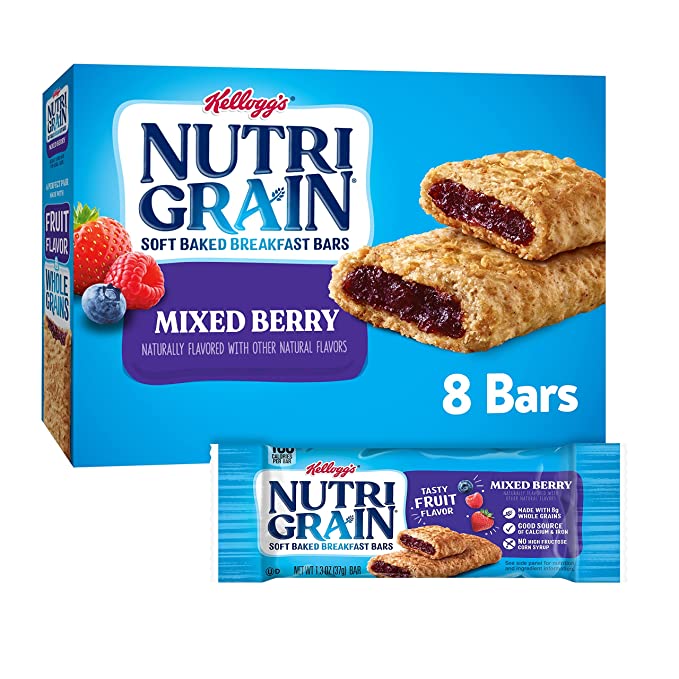  Nutri-Grain Soft Baked Breakfast Bars, Made with Whole Grains, Kids Snacks, Mixed Berry, 10.4oz Box (8 Bars) - 038000355004