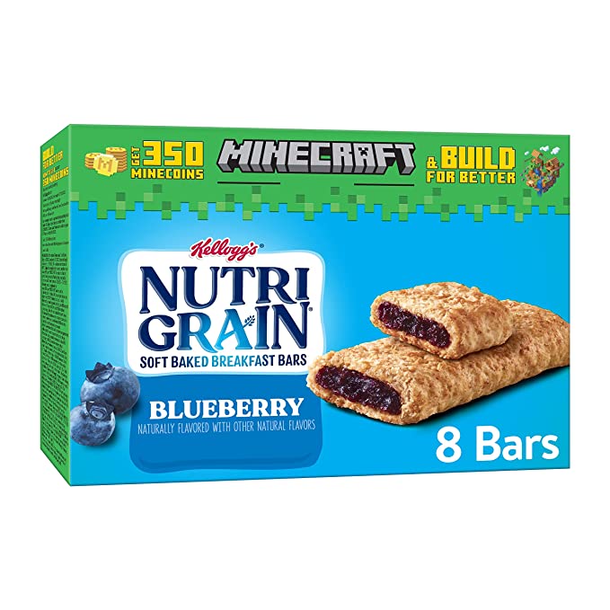  Nutri-Grain Soft Baked Breakfast Bars, Made with Whole Grains, Kids Snacks, Blueberry, 10.4oz Box (8 Bars) - 038000357008