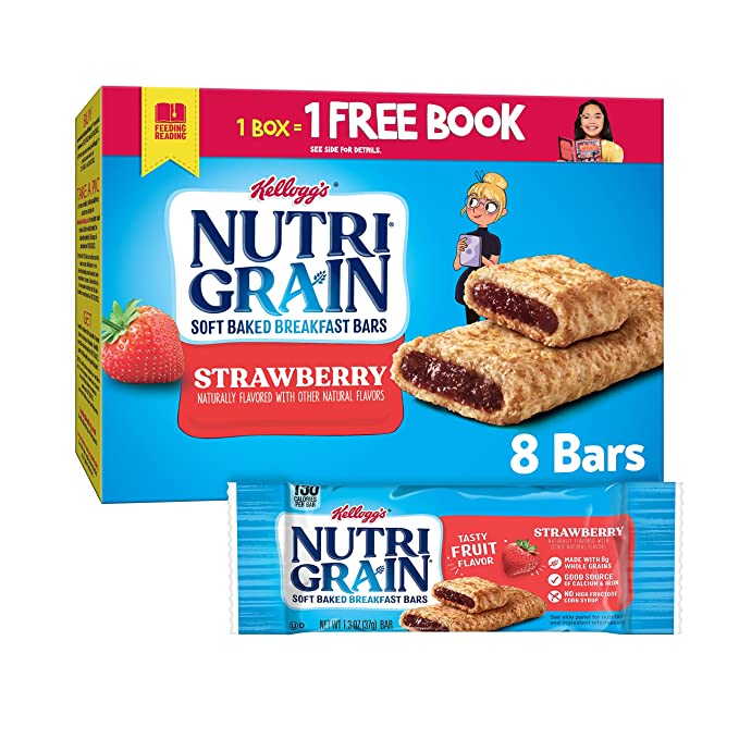  Nutri-Grain Soft Baked Breakfast Bars, Made with Whole Grains, Kids Snacks, Strawberry, 10.4oz Box (8 Bars) - 038000359002