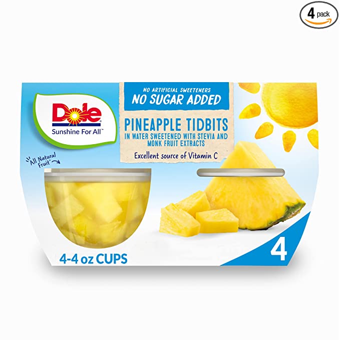 Dole Fruit Bowls Pineapple Tidbits, No Sugar Added, Gluten Free Healthy Snack, 4 Oz, 4 Total Cups - 038900004057