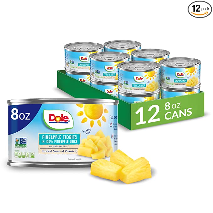 Dole Canned Pineapple Tidbits in 100% Fruit Juice, 8 Oz, 12 Count - 038900005191