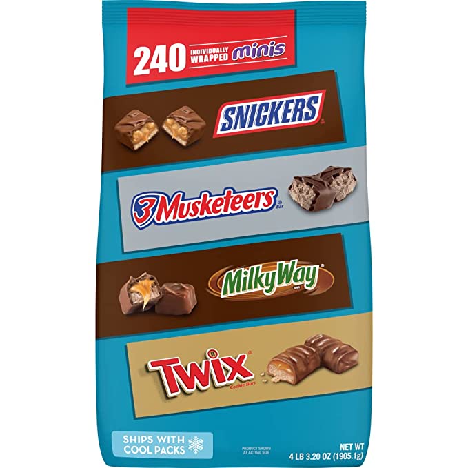  SNICKERS, TWIX, 3 MUSKETEERS & MILKY WAY Minis Size Chocolate Candy Variety Mix, 67.2-Ounce 240 Pieces (Packaging May Vary)  - 609003950062