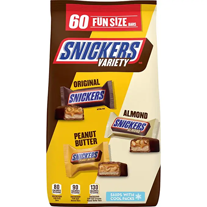 SNICKERS Original, Peanut Butter & Almond Bulk Variety Pack Fun Size Chocolate Candy Bar Assortment, 44.5 oz, 60 Pieces Bag - 040000568483