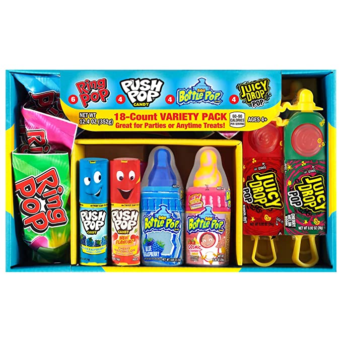  Bazooka Candy Brands Variety Summer Candy Box - 18 Count Lollipops w/ Assorted Flavors from Ring Pop, Push Pop, Baby Bottle Pop & Juicy Drop - Fun Candy for Summer Parties - 12.4 Ounce (Pack of 1)  - 041116011917