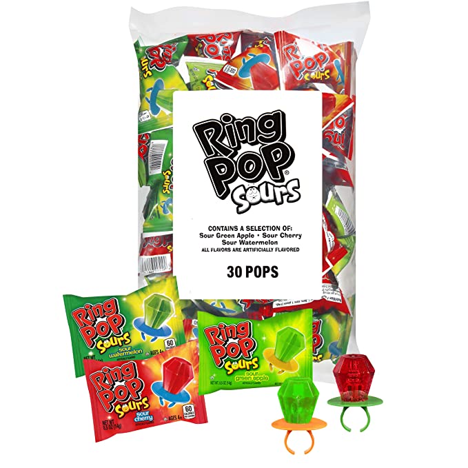 Ring Pop Sours Individually Wrapped Back to School Bulk Lollipop Variety Party Pack – 30 Count Lollipop Suckers w/ Assorted Flavors - Fun Candy/Supplies for School Treats & Care Packages - 041116262364