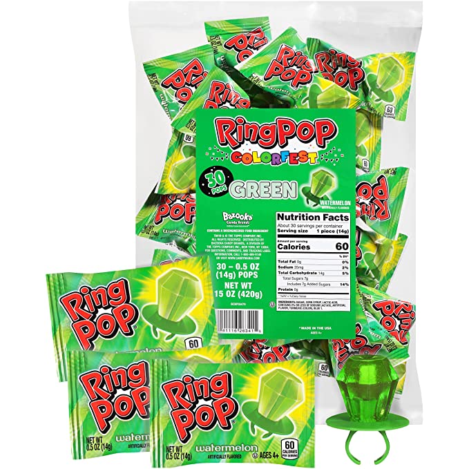  Ring Pop Individually Wrapped Back to School Green Watermelon Party Pack – 30 Count Watermelon Flavored Green Candy Lollipop Suckers - Green Candy for School Treats & Care Packages  - 041116263415