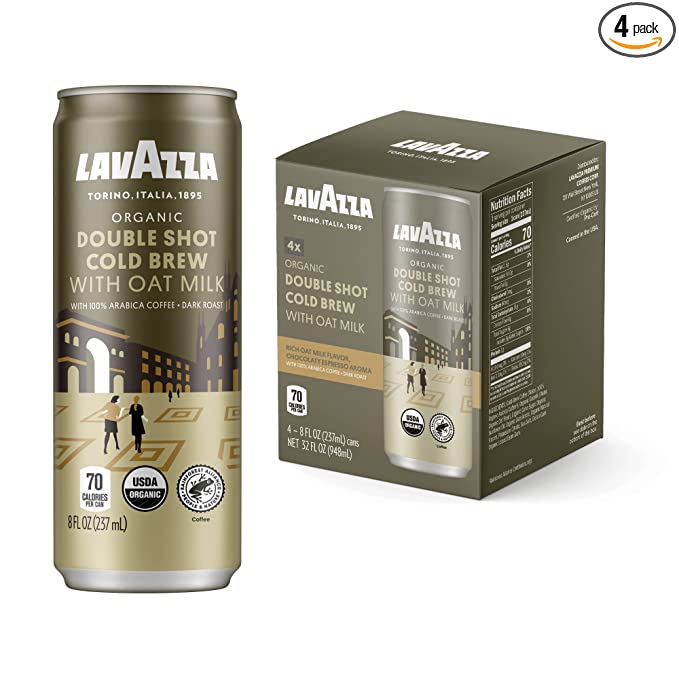  Lavazza Organic Double Shot Oat Milk Cold Brew Coffee, (Pack of 4 Cans / 8 Fluid Ounce Each) Balanced, Creamy, Dark Roast, 100% Arabica, USDA Certified Organic, Rainforest Alliance Certified  - 041953003465