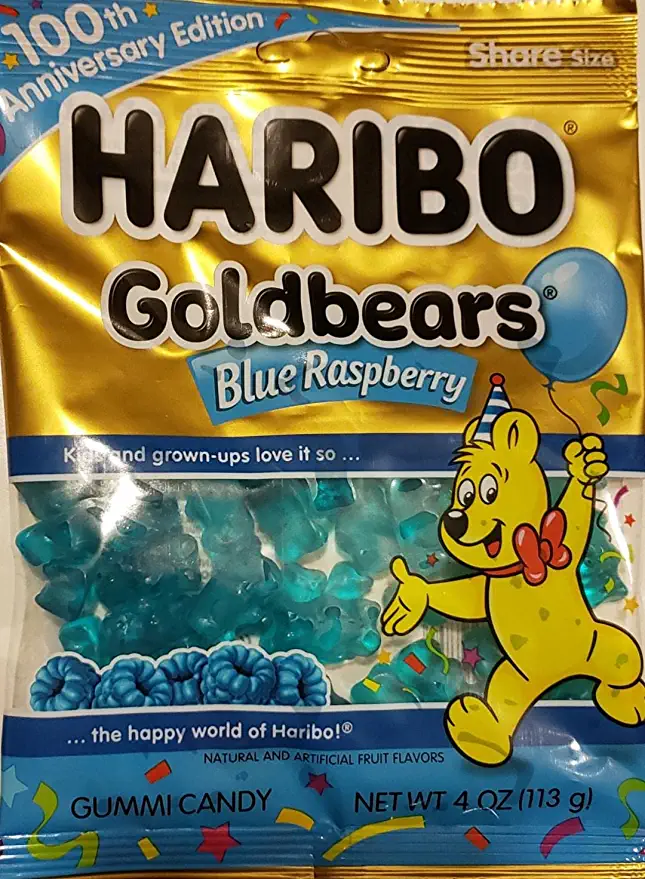 Haribo Goldbears ALL Blue Raspberry 100th Anniversary LIMITED EDITION Net Wt.4oz (113g) Share Size Gummy Bears Candy - 042238724754