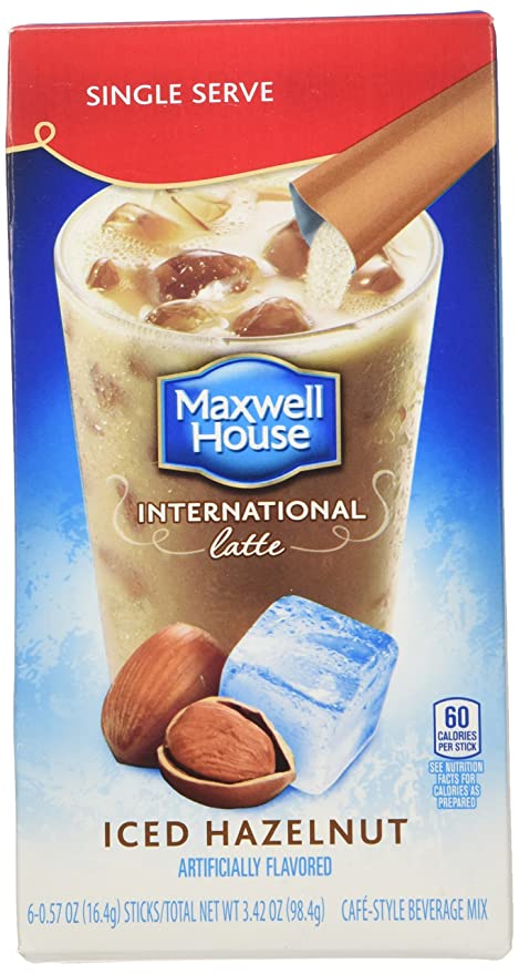 Maxwell House International Cafe Iced Latte Cafe-Style Beverage Mix, Single Serve Packets, Hazelnut, 6 e .57 oz - 043000003961