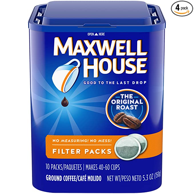 Maxwell House Original Medium Roast Ground Coffee Filter Packs (40 Filter Packs, 4 Packs of 10) - 043000709924