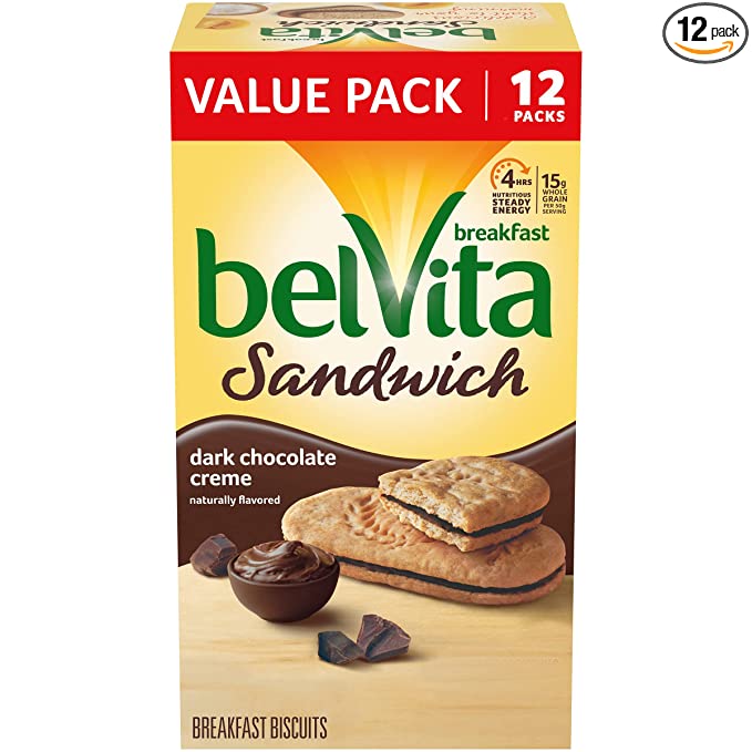 belVita Sandwich Dark Chocolate Creme Breakfast Biscuits, 12 Packs (2 Sandwiches Per Pack) - 044000058616