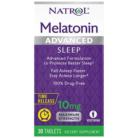 Natrol Melatonin Advanced Sleep Tablets with Vitamin B6 Helps You Fall Asleep Faster Stay Asleep Longer 2-Layer Controlled Release 100% Drug-Free Maximum Strength 10mg 30 Count - 047469071714