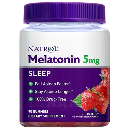Natrol Melatonin Sleep Aid Gummy, Fall Asleep Faster, Stay Asleep Longer, 100% Drug and Gelatin Free, Non-GMO, 5mg, 90 Strawberry Flavored Gummies (B079TD92GS) - 047469073329