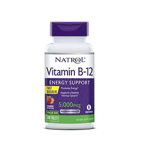 Natrol Vitamin B12 Fast Dissolve Tablets Promotes Energy Supports a Healthy Nervous System Maximum Strength Strawberry Flavor 5 000mcg 200 Count 200 Count (Pack of 1) 200 Tablets - 047469074449