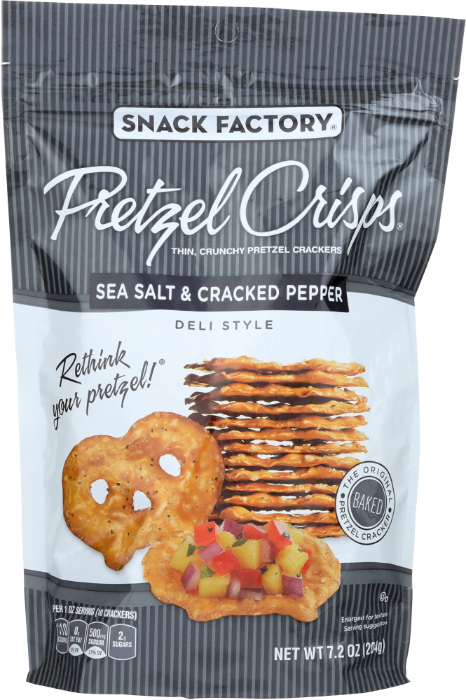 SNACK FACTORY: Pretzel Crisps Deli Style Sea Salt & Cracked Pepper, 7.2 oz - 0049508100034