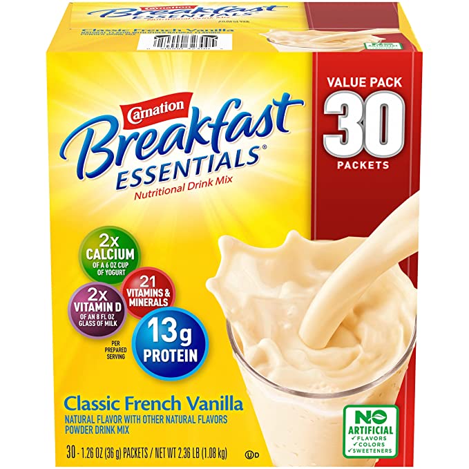  Carnation Breakfast Essentials Complete Nutritional Drink, French Vanilla 30 Pack, 2.38 Pound Total  - 050000423002