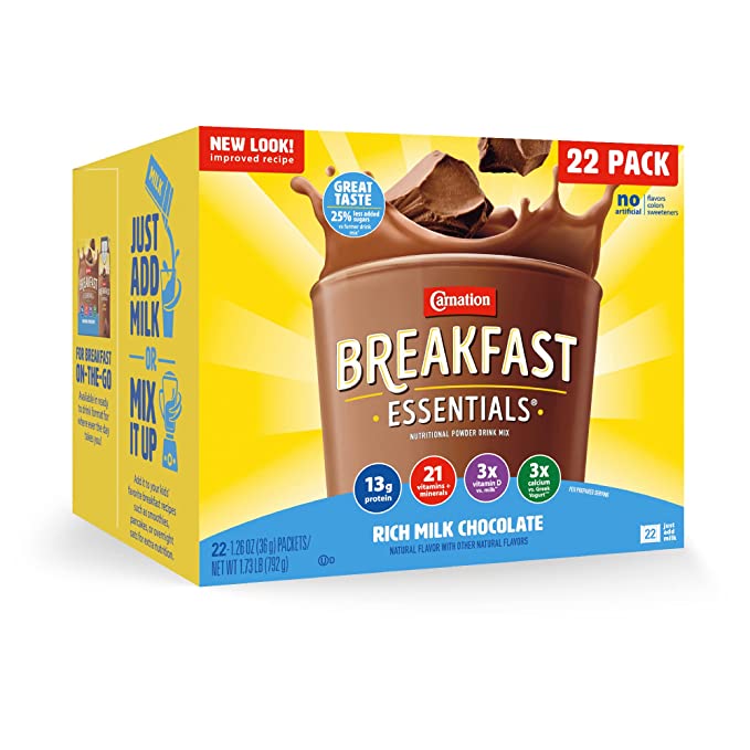  Carnation Breakfast Essentials Powder Drink Mix, Rich Milk Chocolate, 22 Count Box of Packets (Packaging May Vary) - 050000609307