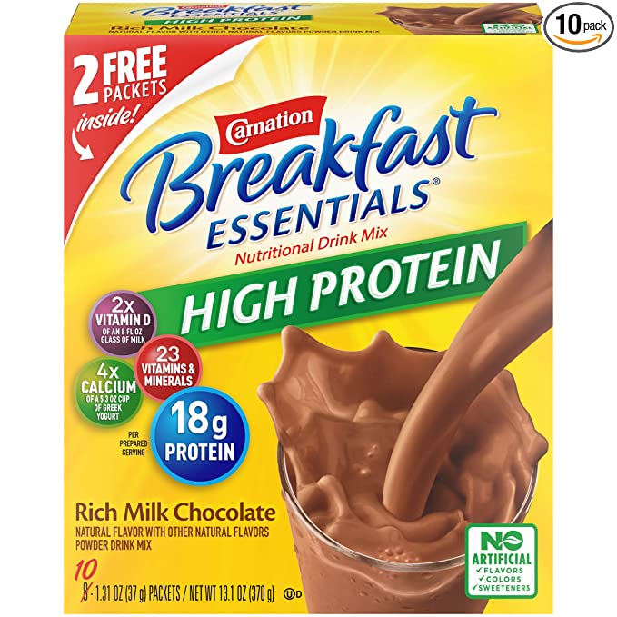 Carnation Breakfast Essentials High Protein Powder Drink Mix, Rich Milk Chocolate, 10 Count Box of Packets (Packaging May Vary) - 050000756544