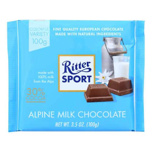 Ritter Sport Chocolate Bar - Milk Chocolate - 30 Percent Cocoa - Alpine - 3.5 Oz Bars - Case Of 12 - 050255018008