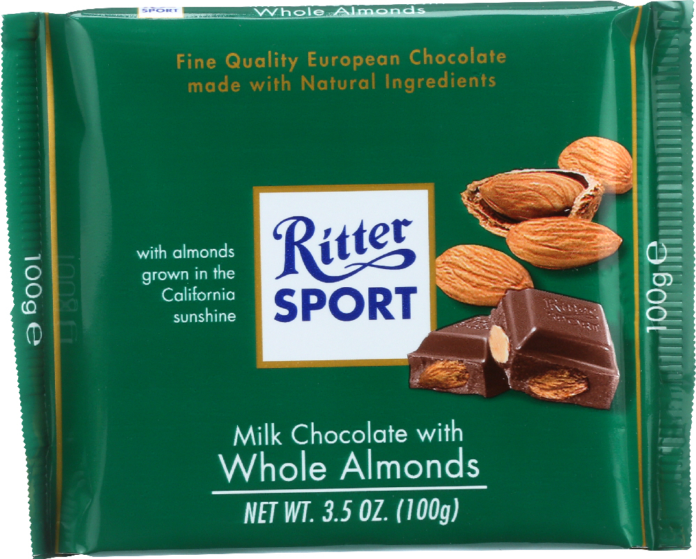 RITTER SPORT: Milk Chocolate with Whole Almonds, 3.5 oz - 0050255023002