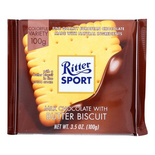RITTER SPORT: Milk Chocolate with Butter Biscuit, 3.5 oz - 0050255214004