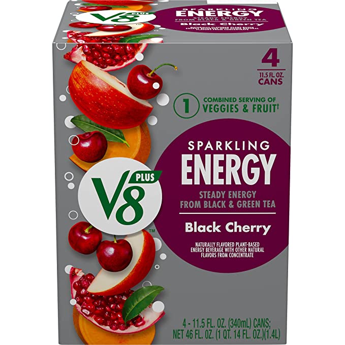 V8 +SPARKLING ENERGY Black Cherry Energy Drink, Made with Real Vegetable and Fruit Juices, 11.5 Ounce Can (Pack of 4) - 051000276261