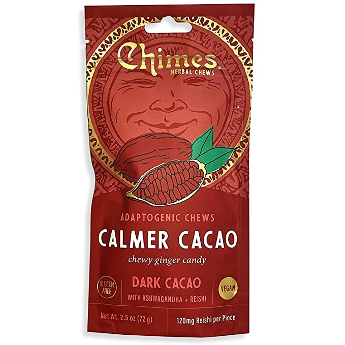Chimes Calmer Cacao Adaptogen Ginger Chews Candy - (1 Pack With Ashwagandha, Reishi and Dark Cacao with Theobromine) Vegan, Gluten Free - 051299101381