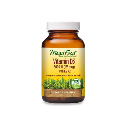 MegaFood Vitamin D3 5000 IU (125 mcg) - Bone Health and Immune Support with Vitamins D3 K and K2 - Vegetarian Gluten-Free - Made without Dairy or Soy - 120 Caps - 051494104415