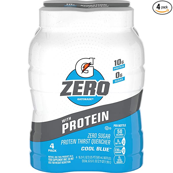 Gatorade Zero With Protein, 10g Whey Protein Isolate, Zero Sugar, Electrolytes, Cool Blue, 16.9 Fl Oz, 4 Pack - 052000048292