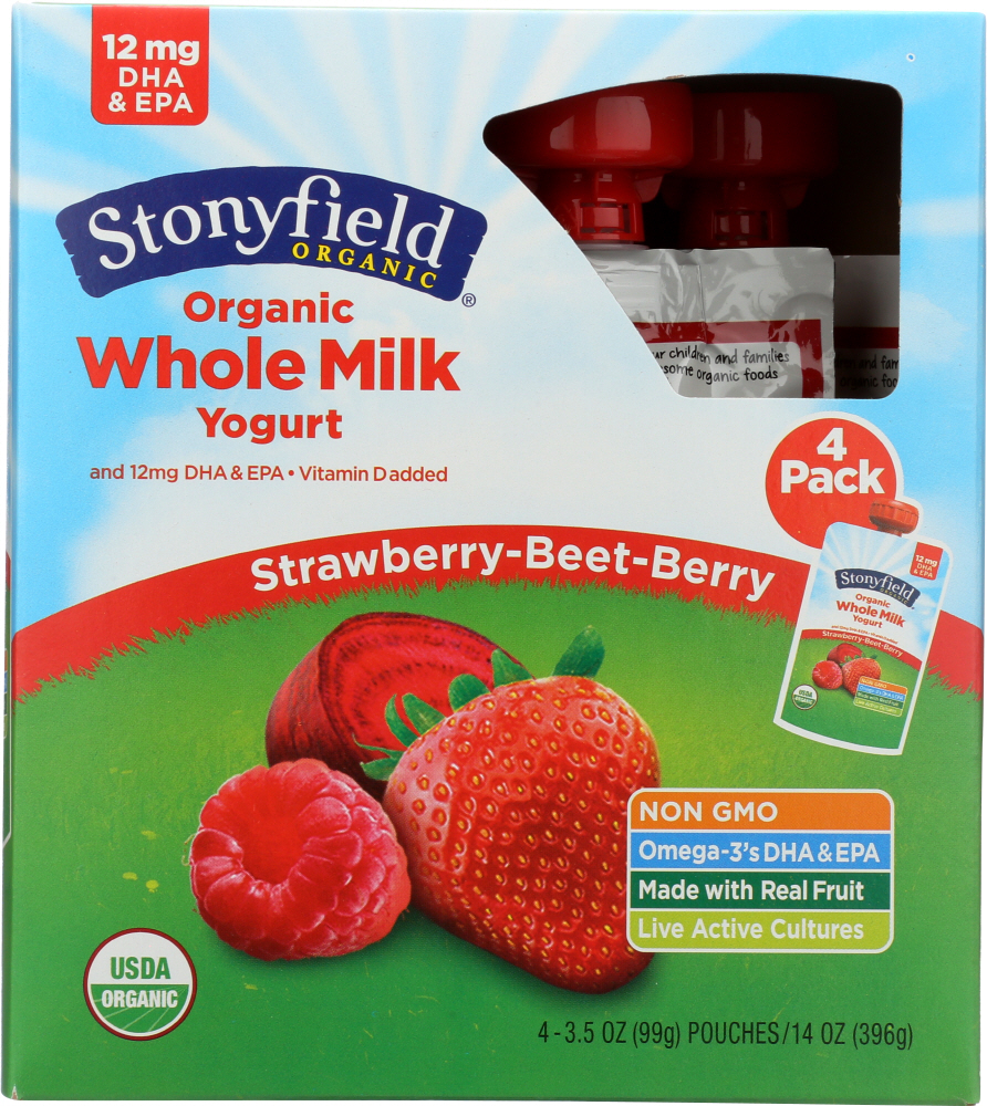 STONYFIELD: Whole Milk Yogurt 4-Pouches Strawberry Beet Berry, 14 oz - 0052159701116