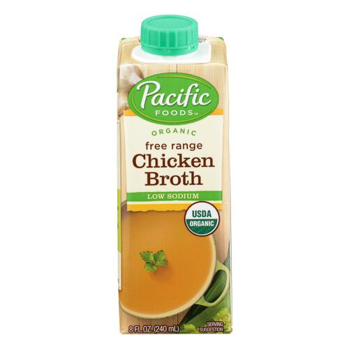 PACIFIC FOODS: Organic Free Range Chicken Broth Low Sodium 4 count (8 oz each), 32 oz - 0052603054355