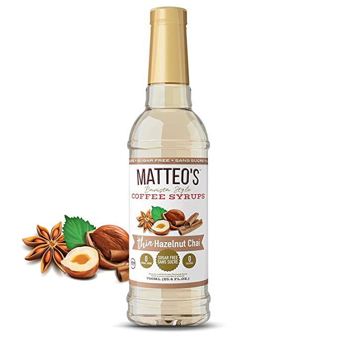 Matteo's Barista Style Coffee Syrup - Sugar Free Syrup For Coffee - Delectable Flavoring Syrup for Coffee Drink Mix - Keto-friendly Coffee - Hazelnut Chai Flavoured Coffee Syrup - 25.4 Oz - 055848500007