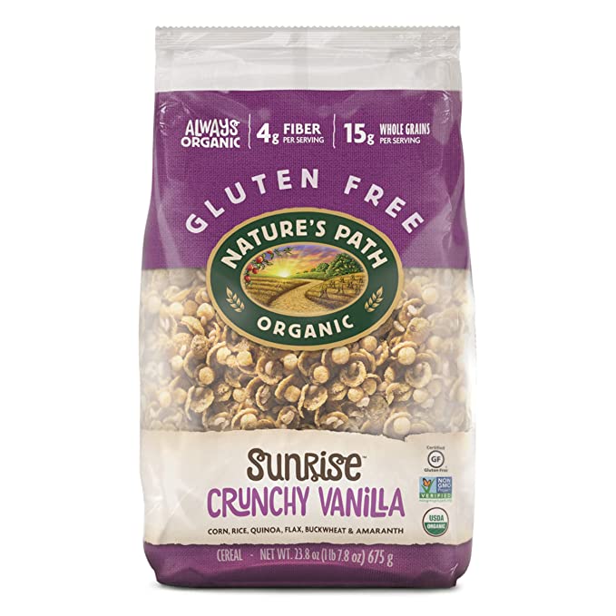  Nature's Path Organic Gluten Free Sunrise Crunchy Vanilla Cereal, 1.48 Lbs. Earth Friendly Package, Non-GMO, 15g Whole Grains, 4g Fiber - 058449181095