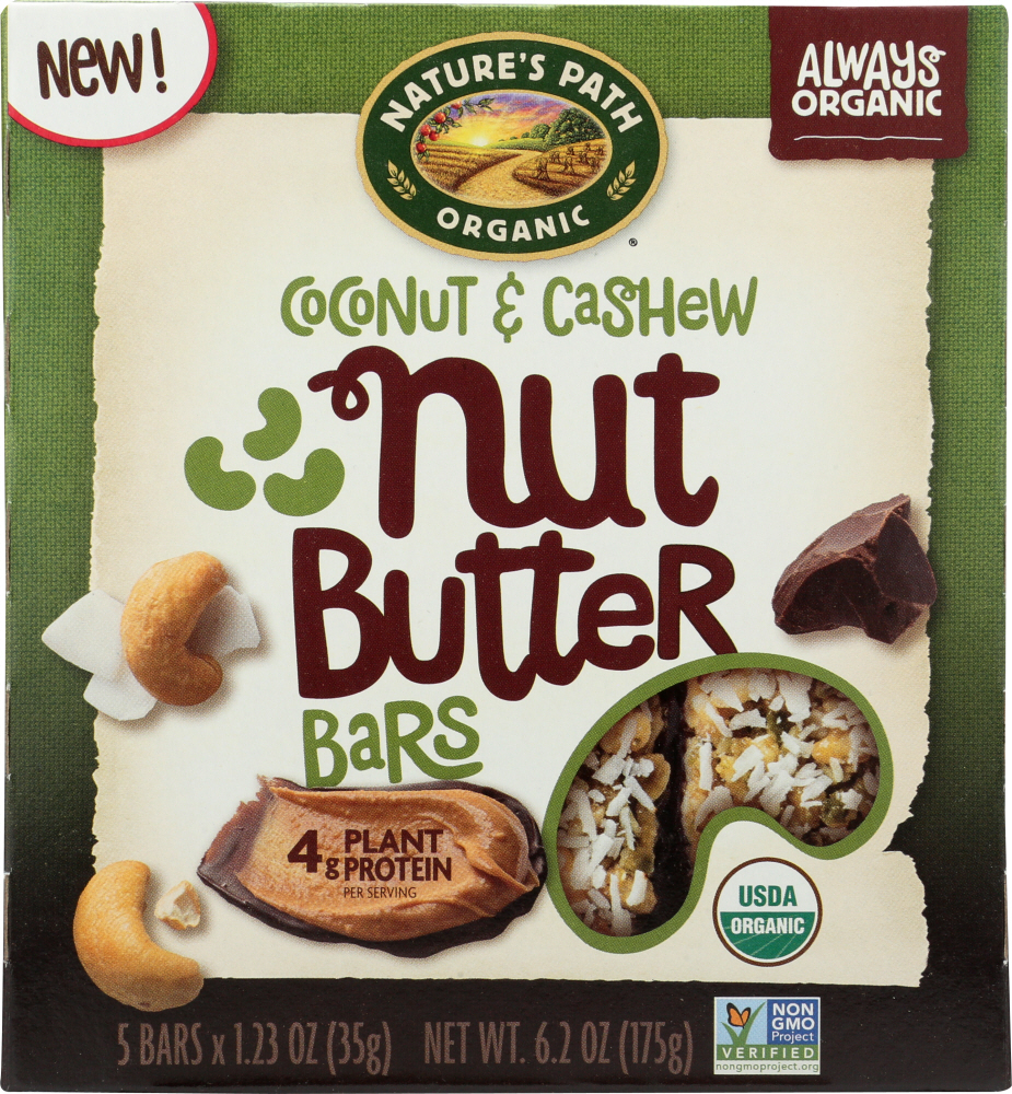 NATURES PATH: Nut Butter Coconut & Cashew Bars 5 Pieces, 6.2 oz - 0058449193012