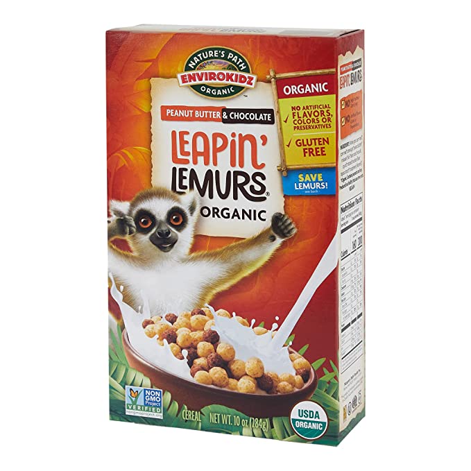  Leapin’ Lemurs Organic Peanut Butter and Chocolate Cereal, 10 Ounce (Pack of 4), Gluten Free, Non-GMO, Fair Trade, EnviroKidz by Nature's Path - 058449205043